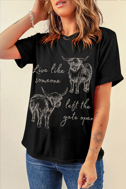 Black Western Cow Print Round Neck Casual Tee