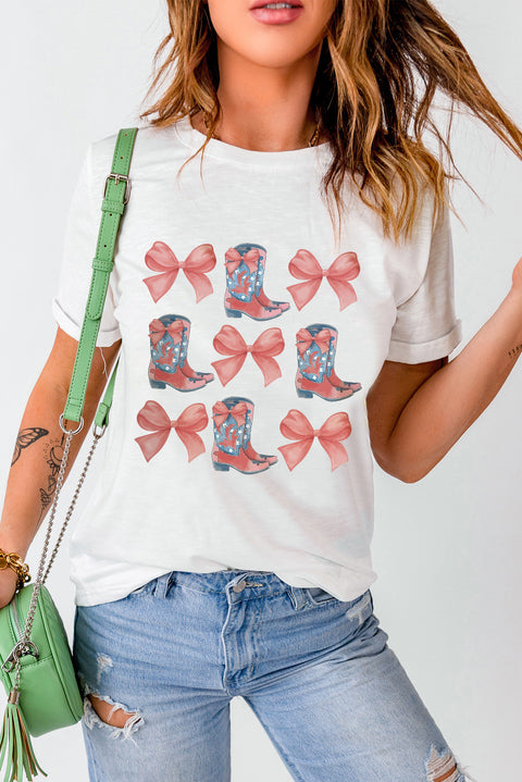 White Bowknot & Cowgirl Boots Graphic Tee