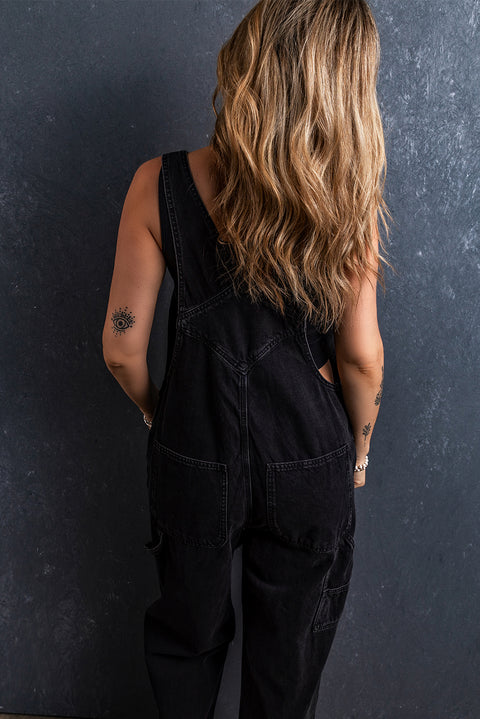 Black Adjustable Buckle Straps Multi Pocket Denim Overalls