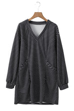 Black Striped V Neck Long Puff Sleeve Shift Dress