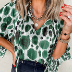 Green Metallic Threading Accents Pleated Abstract Printed Ruffled 3/4 Sleeve Blouse