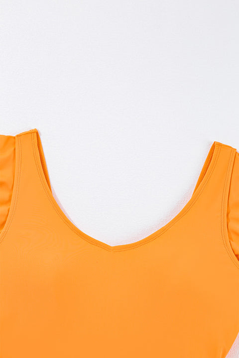 Vitality Orange Color Block Ruffled Knotted Backless One Piece Swimsuit