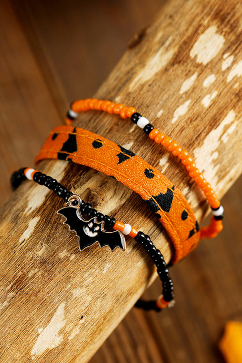 Russet Orange Halloween Bat Pendant Beaded Multi Layer Bracelet Set