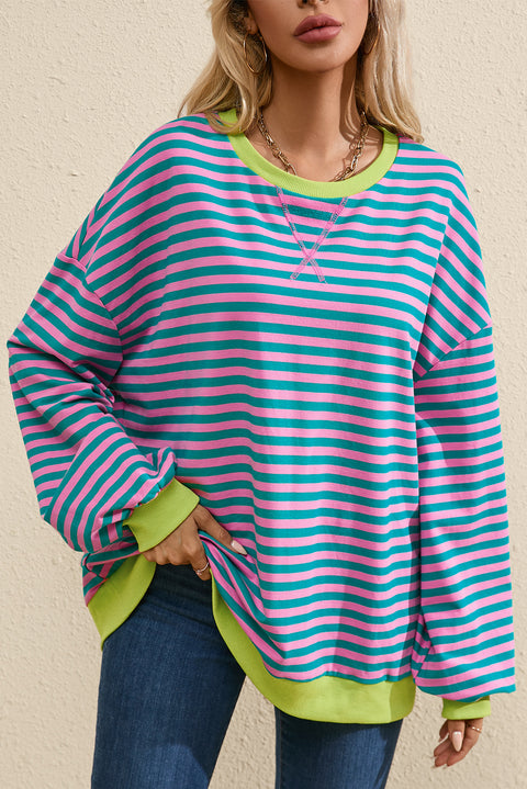 Green Stripe Oversized Contrast Trim Pullover Sweatshirt