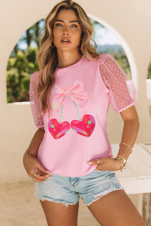 Pink Bow Heart Shape Cherry Print Dotted Mesh Sleeve T Shirt