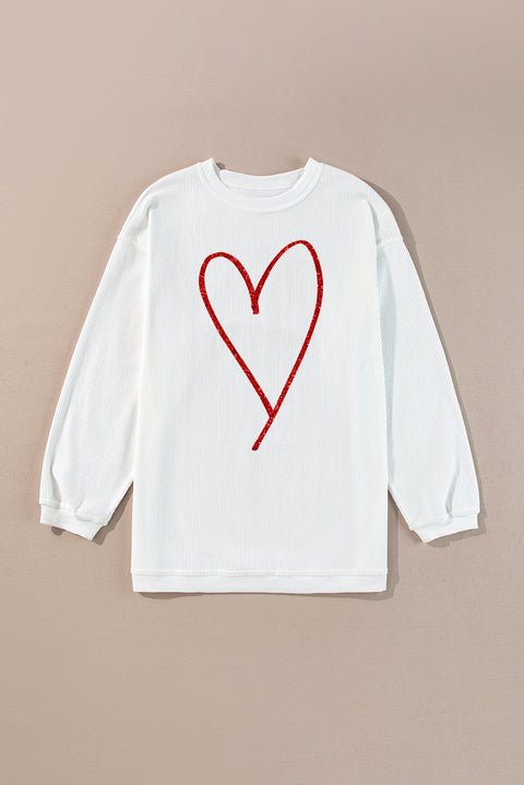 White Glittering Heart Printed Corded Valentines Pullover Sweatshirt