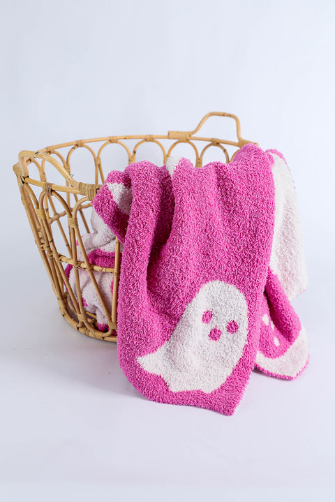 Bright Pink Two-Tone Colorblock Halloween Cute Ghost Printed Blanket