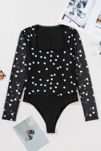 Black Heart Shape Mesh Patchwork Square Neck Bodysuit