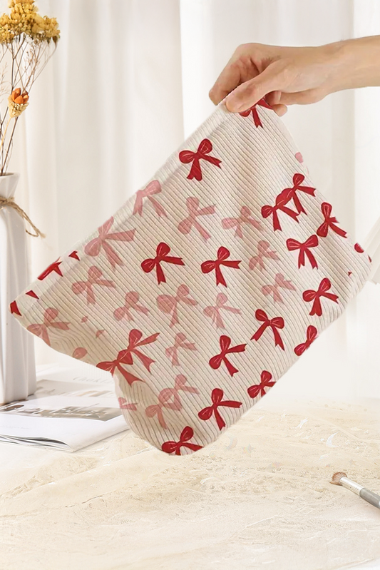 Fiery Red Bows Print Zipped Corduroy Makeup Storage Bag