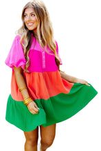 Multicolor Color Block Tiered Puff Sleeve Dress