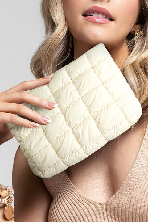 White Zipper Quilted Puffer Cosmetic Bag