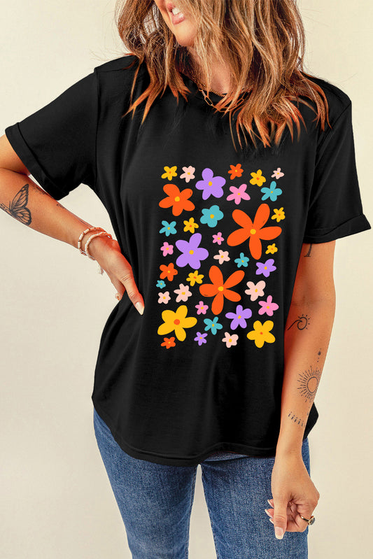 Black Flowers Print Loose Fit Crew Neck Casual Tee