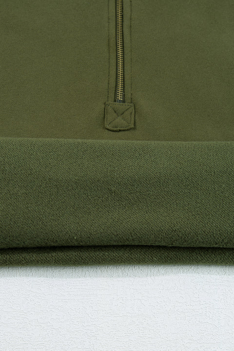 Moss Green Fleece Lined Half Zipper Kangaroo Pockets Loose Hoodie