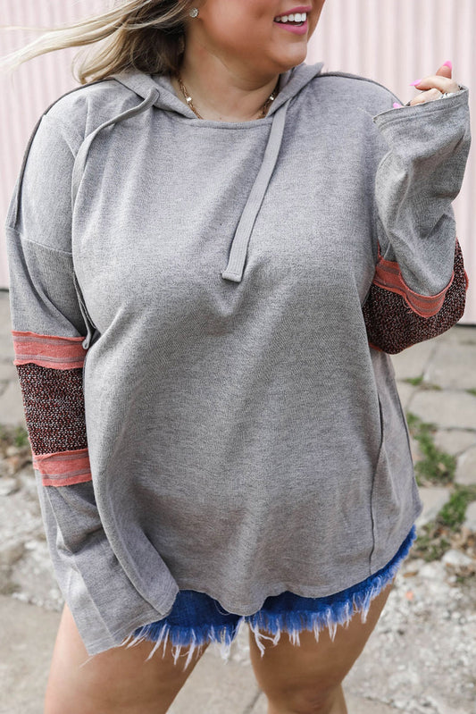 Gray Contrast Patched Sleeve Plus Size Hoodie