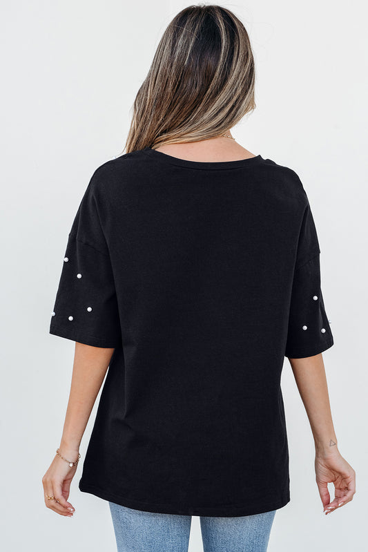 Black Pearl Beaded  Drop Shoulder Crewneck T Shirt