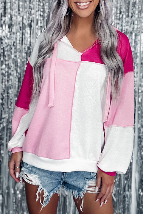 Pink Colorblock Exposed Seam Loose Sleeve Hoodie