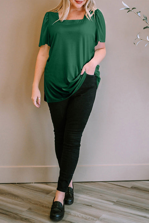 Green Plus Size Square Neck Ruched Shoulder Short Sleeve Top