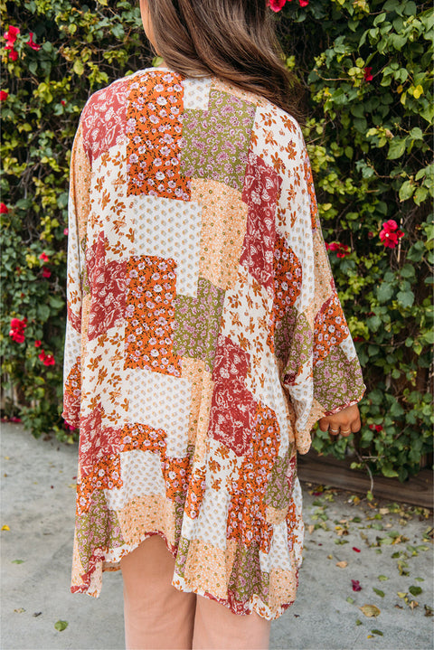 White Boho Patchwork Floral Open Front Kimono