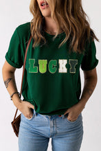 Green LUCKY Glitter Chenille Patched Crew Neck T Shirt