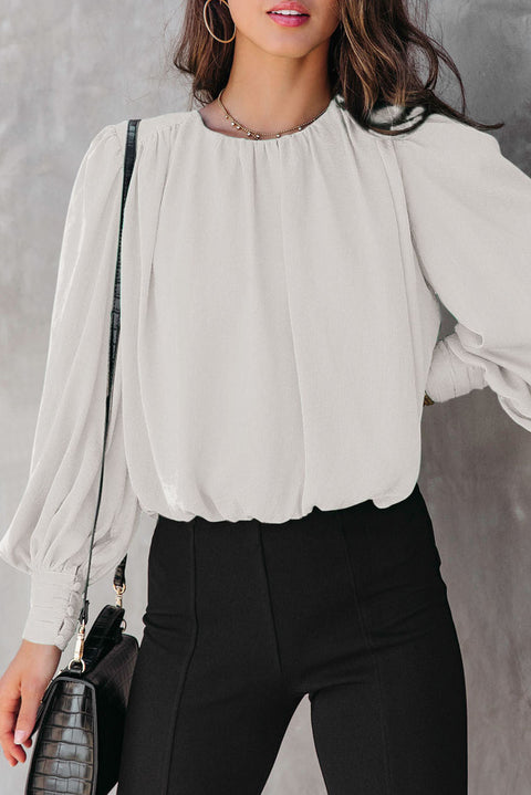 Black Padded Shoulder Buttoned Cuffs Pleated Loose Blouse