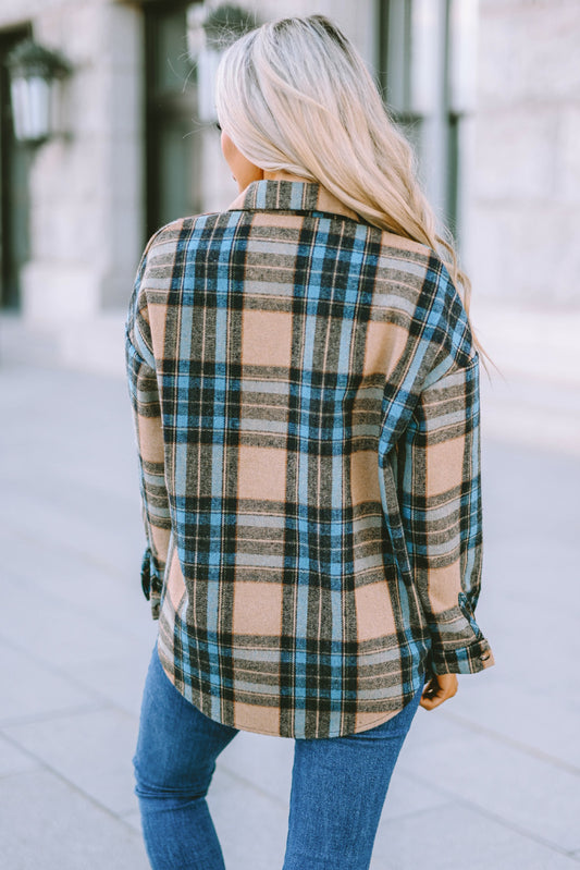 Plaid Color Block Buttoned Shirt with Pockets