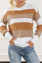 Chestnut Striped Cable Knit Drop Shoulder Sweater