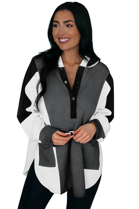 Gray Color Block Exposed Seam Buttoned Neckline Hoodie