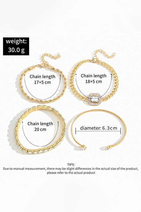 Gold 4pcs Diamond Chained Braided Bangle Bracelet Set