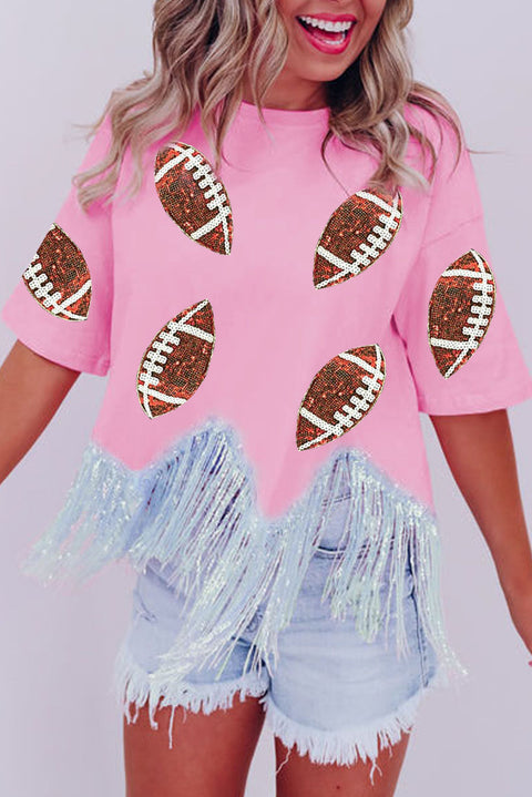 Pink Sequined Rugby Fringe Hem Cropped T Shirt