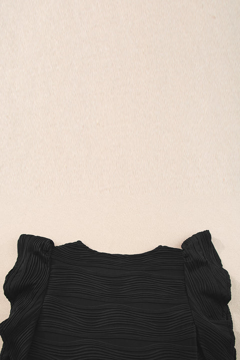 Black Wavy Textured Ruffle Sleeve Top