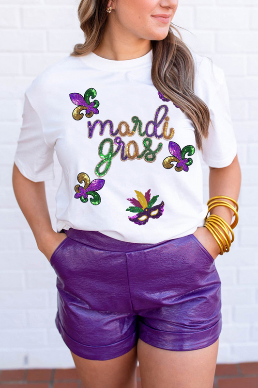 White Sequin Mardi Gras Pattern Graphic Crew Neck Tee