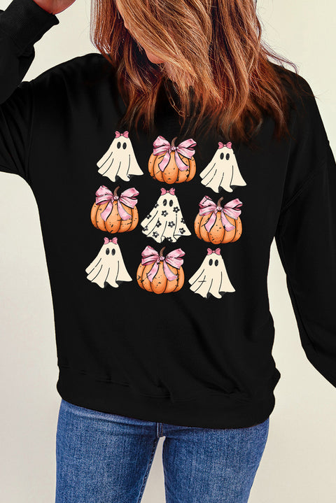 Black  Halloween Bowknot Ghost Pumpkin Graphic Crewneck Sweatshirt