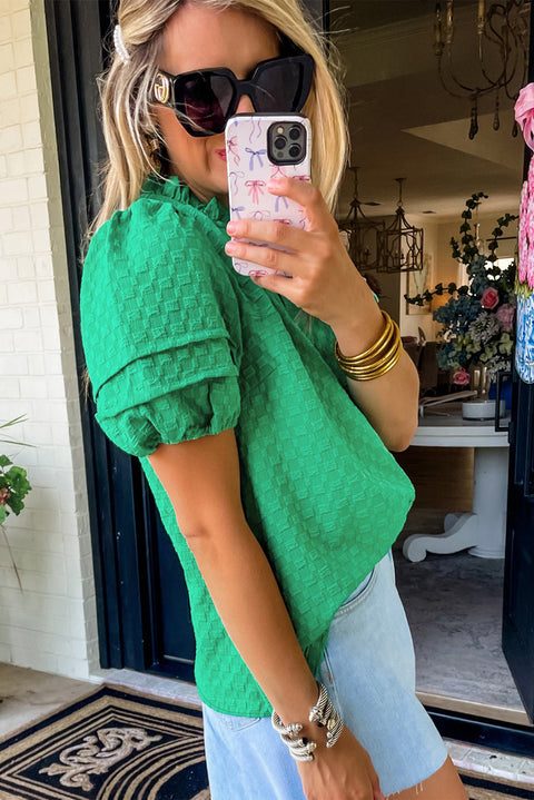 Bright Green Textured Puff Short Sleeve Notched V Neck Top