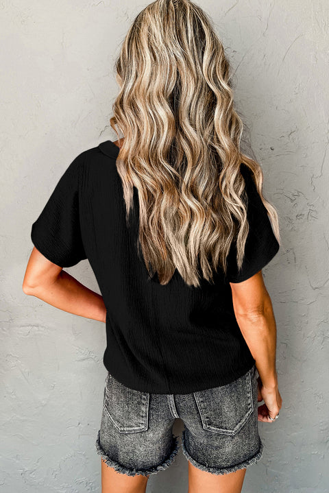 Black Crinkled V Neck Wide Sleeve T-shirt