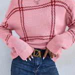 Pink Plaid Pattern Knitted Drop Shoulder Sweater