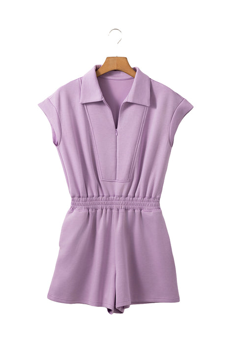 Orchid Bouquet Short Sleeve Zipper Collared Elastic High Waist Romper