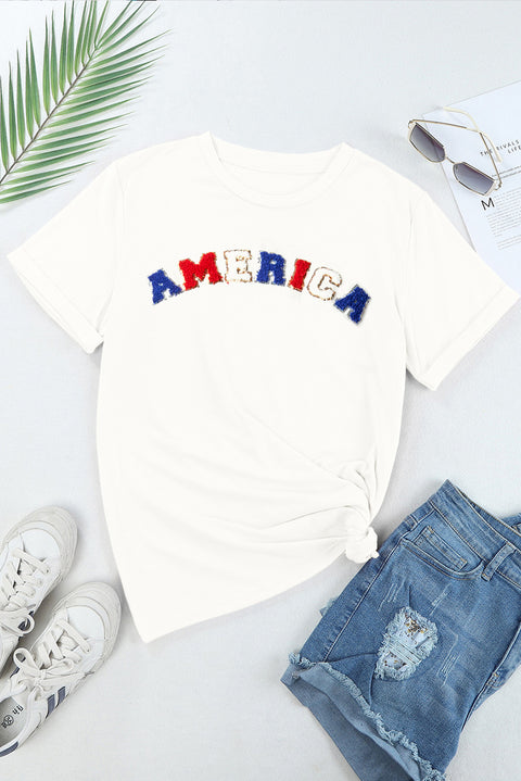 White Chenille AMERICA Graphic Crewneck T Shirt