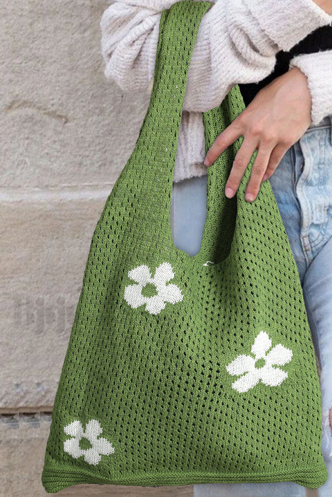 Spinach Green Flower Eyelet Crochet Large Single Shoulder Bag