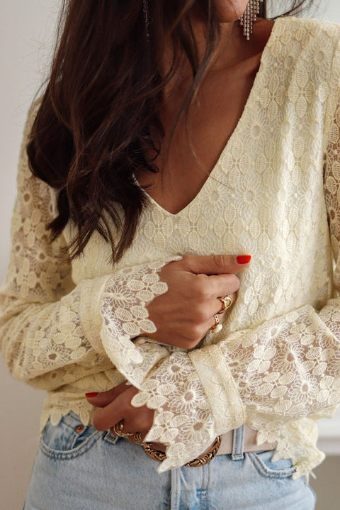 Beige Floret Lace V Neck Long Sleeve Blouse