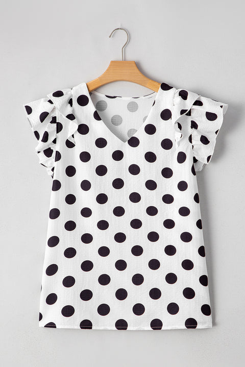 White Polka Dot Print Ruffled Sleeve V Neck Blouse