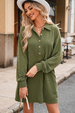 Moss Green Corded Buttons Placket Drop Shoulder Collared Shift Dress