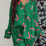 Green Christmas Candy Cane Print Shirt and Shorts Pajama Set