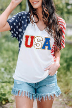 White Chenille USA Stars and Stripes Printed V Neck T Shirt