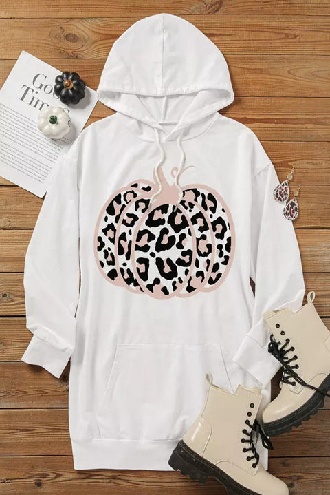 Halloween Pumpkin Leopard Hooded Sweatshirt Dress