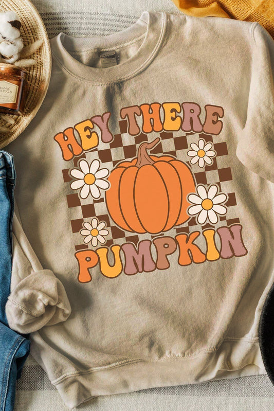 Khaki Floral Checkered Pumpkin Graphic Drop Shoulder Thanksgiving Sweatshirt