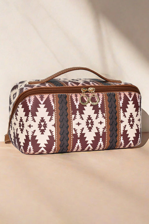 Light French Beige Boho Geometric Print Makeup Bag with Handle