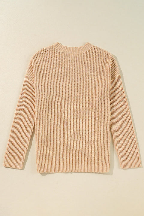 Apricot Cable Knit Drop Shoulder Side Slits Loose Sweater