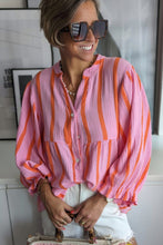 Orange Stripe Crinckled Ruffled Sleeve Button up Loose Shirt