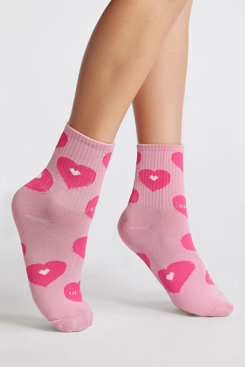 Light Pink Heart Print Ribbed Trim Soft Crew Socks