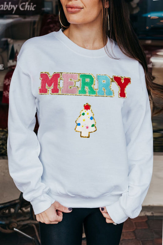 Beige MERRY Christmas Tree Chenille Patch Graphic Sweatshirt